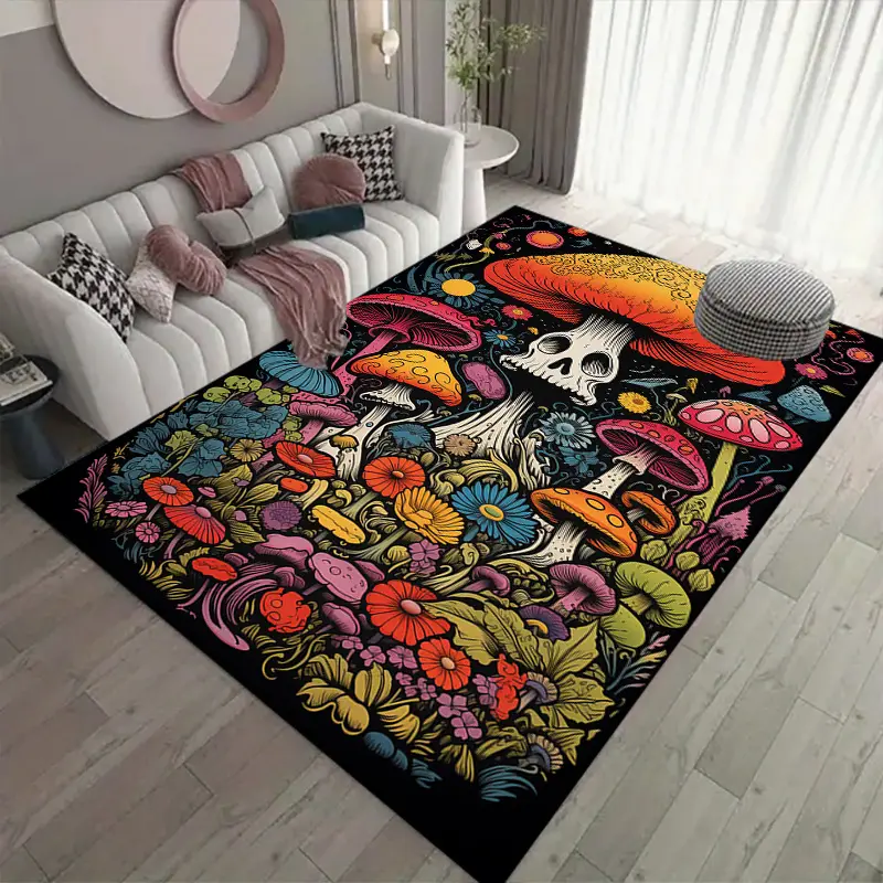 Skull Mushroom Print Area Mat Vibrant Floral Fungal Design, Non-Slip Polyester Floor Mat for Living Room, Office, Kitchen, Bedroom 800g/㎡, Dur