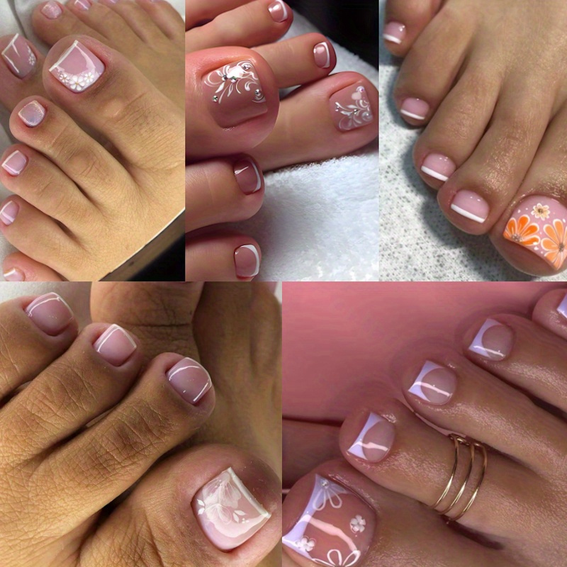 TEMU 120 Pieces (5 Packs) Embossed Toenails, Nail Plates With Floral Patterns, Smooth Fake Toenails For Women