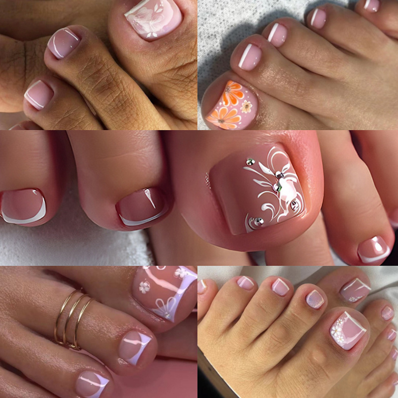 

120 Pieces (5 Packs) Embossed Toenails, Nail Plates With Floral Patterns, Smooth Fake Toenails For Women