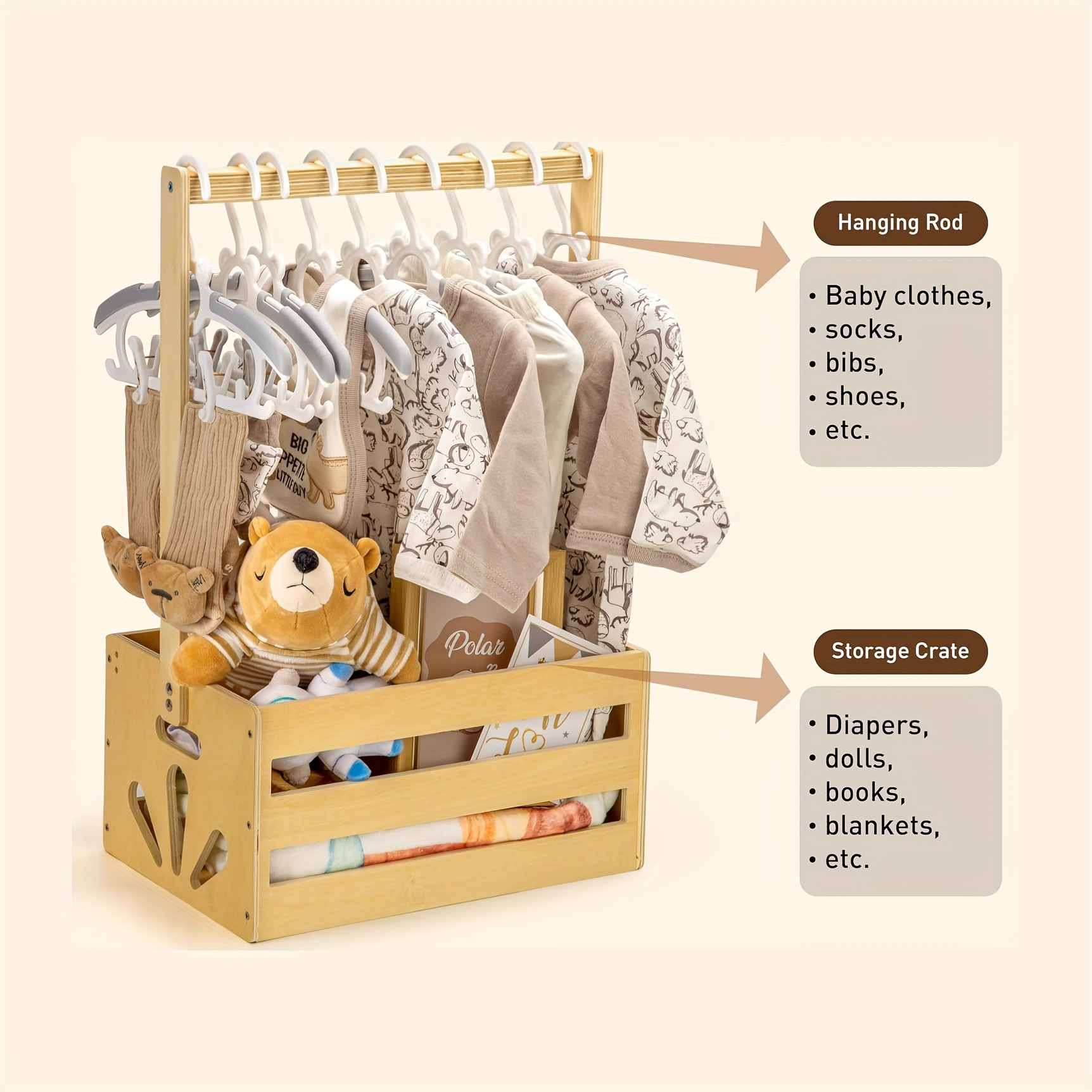 

Wooden Baby Storage Rack With Handles, Adjustable Nursery Organizer, Shower Gift Basket, Newborn Welcome Bin, Pregnancy Gift For New , Diaper Caddy With Hanging Rod And Storage Crate