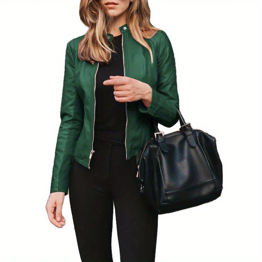 

Women's Faux Leather Jacket, Slim Moto Biker Jacket Outerwear, Long Sleeve Zipper Short Jacket