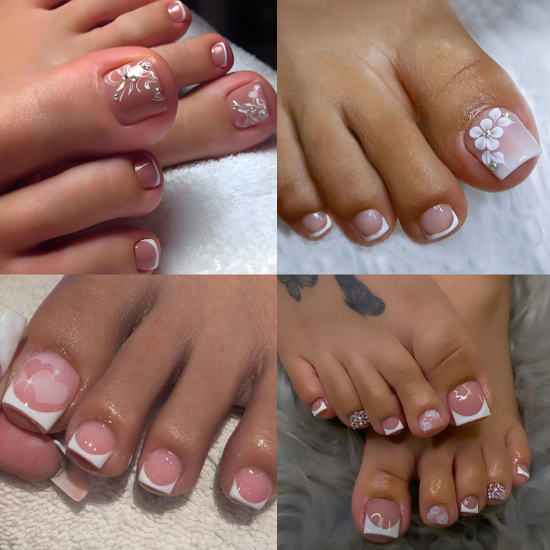 TEMU 96pcs 4pcs Elegant Pink French Toe Nail Stickers With Heart And Decorations - Suitable For Women, Reusable Square False Nails