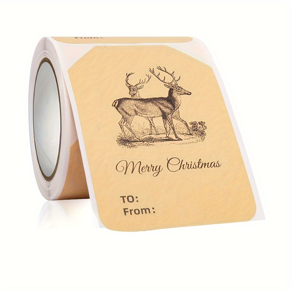 Roll Of 100 Vintage Christmas Gift Tag Stickers Featuring Designs Of Santa, A Tree, And Reindeer For Holiday Gifts