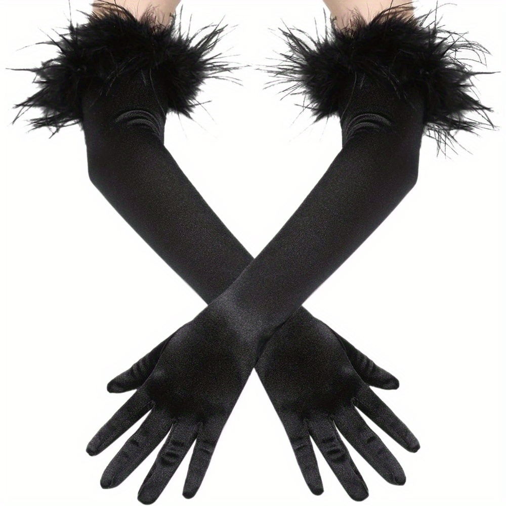 

1 Pair Of Elegant Gloves With Luxurious Feather Cuffs - Stretchy Elbow-length For 1920s Flapper Costume, Evening Parties & Halloween, Costume Accessories