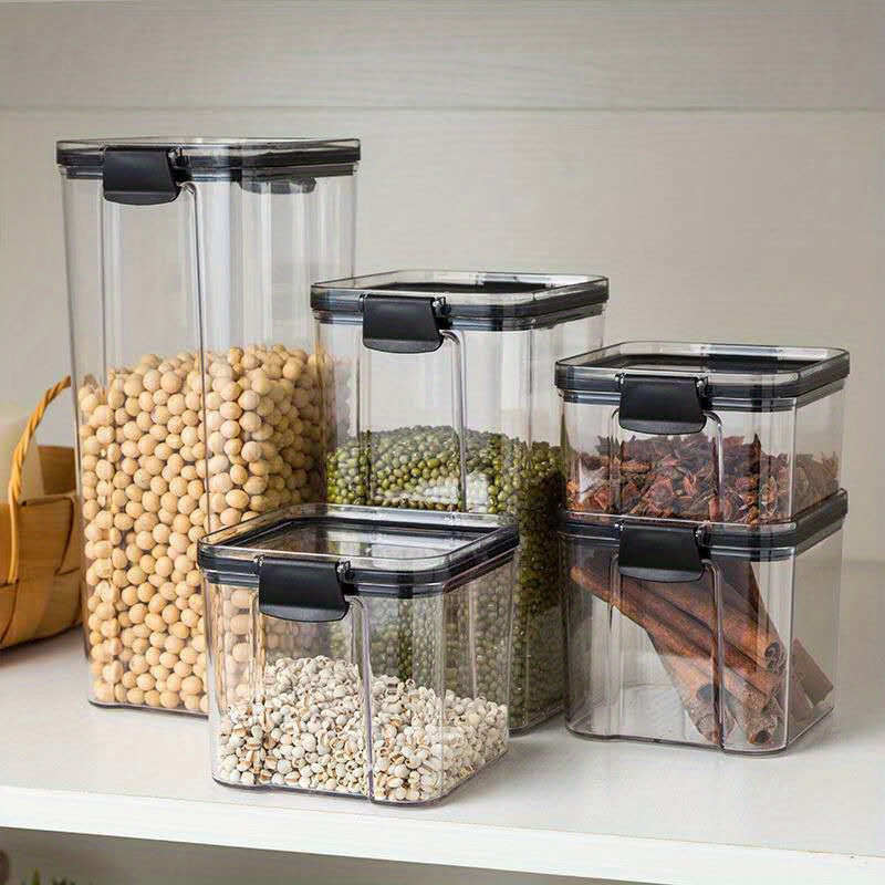 

Set Of Square Sealed Food Storage Containers, Transparent Plastic, Kitchen Pantry Organizer For Grains, Dried Fruits, Snacks, With And Carry Handles, White