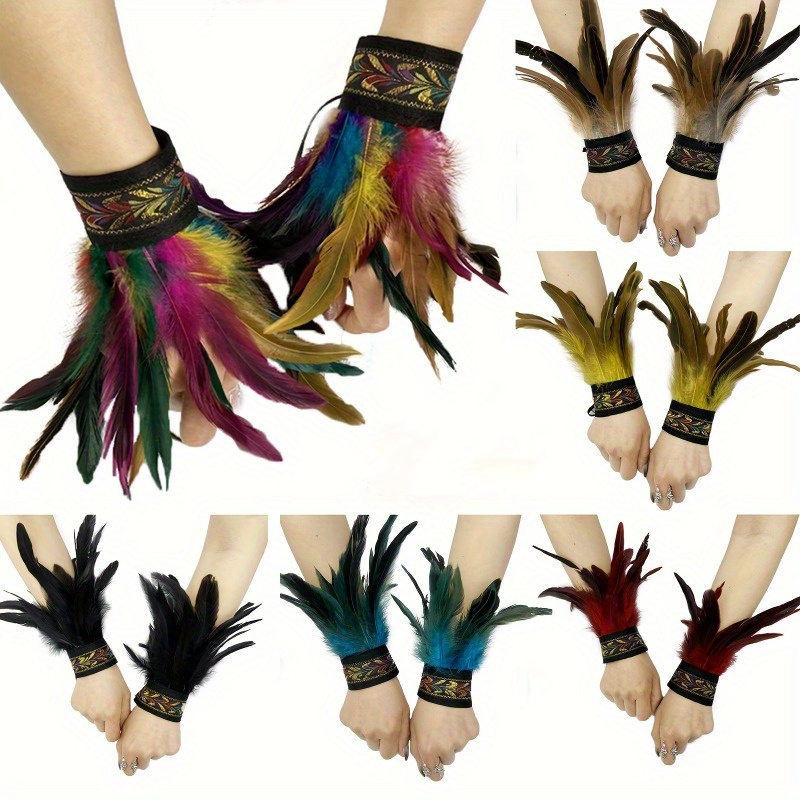 

Gothic Ethnic Style Fingerless Gloves With Artificial Feathers - Polyester Knitted Decorative Cuffs For Halloween Carnival, Role Playing, Party Accessories - Solid Color, Inelastic, Non-feathered