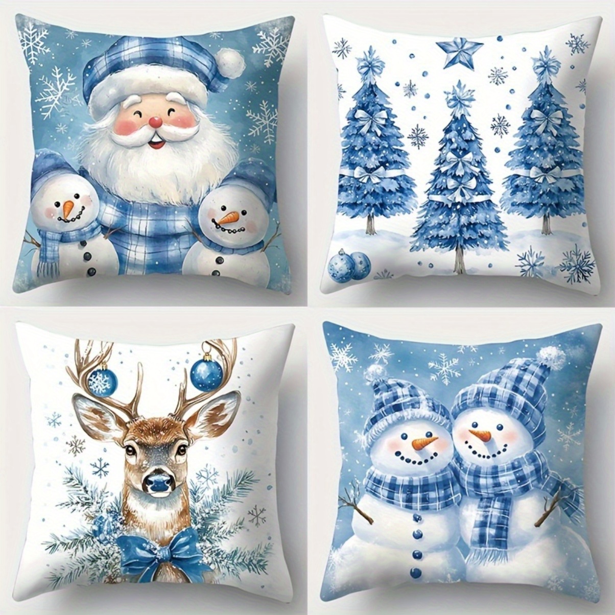 

4pcs Christmas Pillow Covers - With Santa Claus, Snowman, Reindeer, - Hand Washable Polyester Cushion Covers, Modern , With Zipper, Suitable For Living Room Decoration, 18*18 Inches, Without Pillow