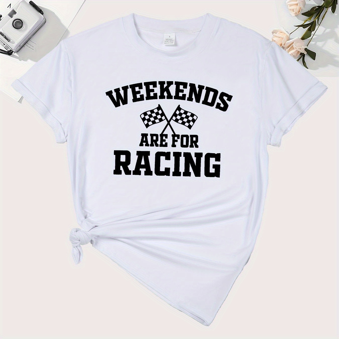 

[spandex Fabric] Women's " Are For Racing" Graphic Tee - Breathable & Comfortable Polyester-spandex , Casual Round Neck Short Sleeve T-shirt With Race Car Print, Machine Washable