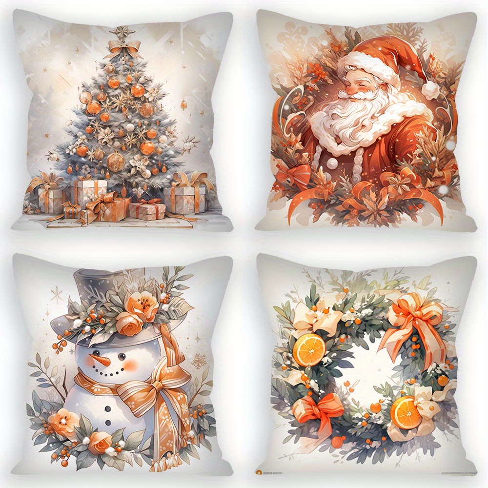 

2023 4pcs Christmas Throw Pillow Cover Set - Vibrant Orange With Santa & Snowman Designs, , Zip Closure, Machine Washable - & Sofa Decor