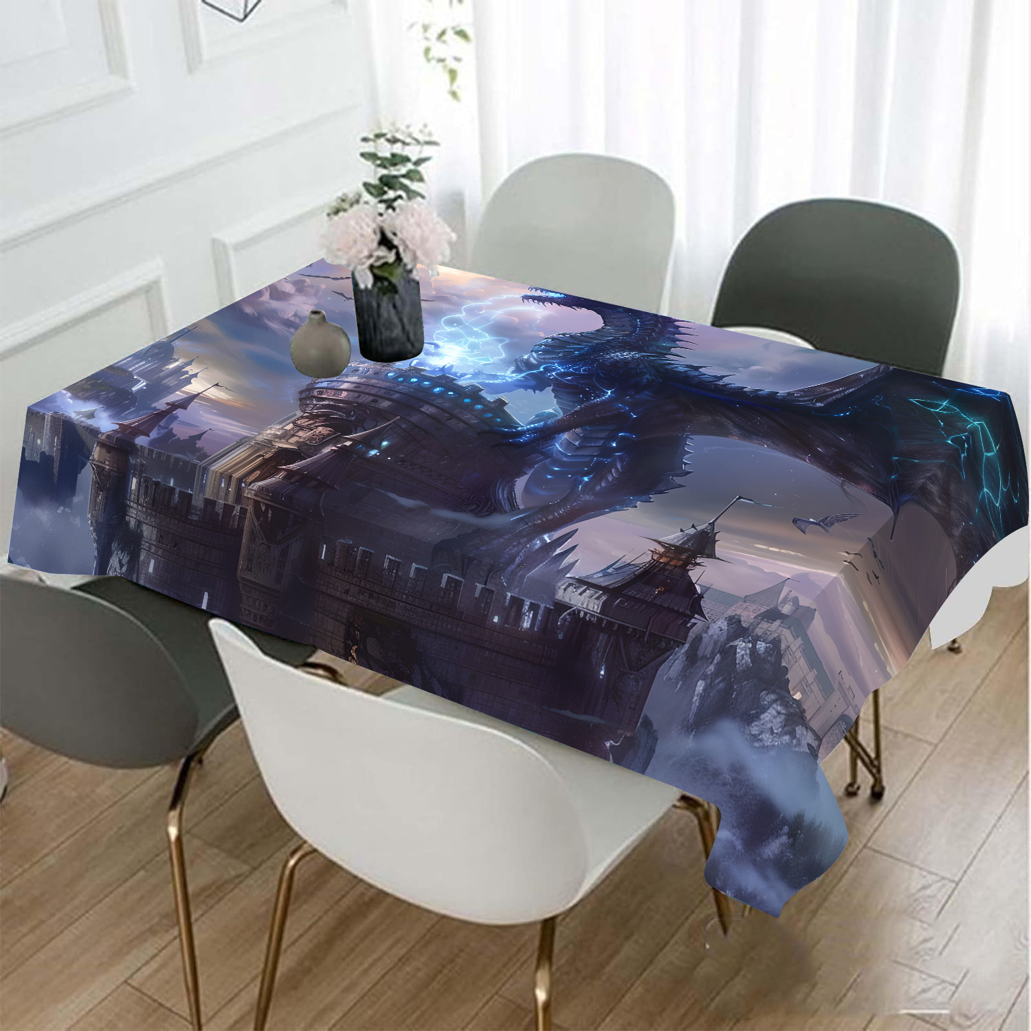 

Dragon Castle Tablecloth - Square Polyester Non-woven Table Cover, Machine Made, Decorative Dust-proof Table Protector For Living Room And Dining Table