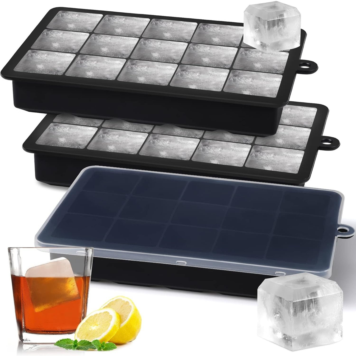 TEMU Set Of 3 Silicone Ice Cube Trays With Lid, Silicone Ice Cube Trays, 3 Pcs 15 Cube Ice Molds, Easy Flexible Tray For Cold Beverages Freezer