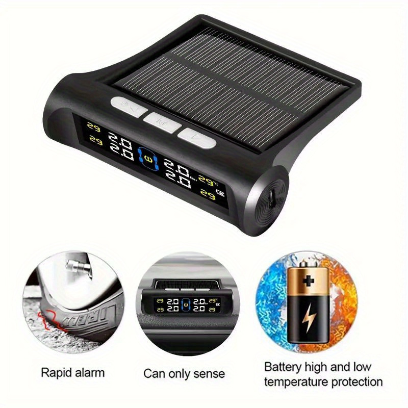 TEMU Wireless Tire Pressure Monitor System - 4-sensor Universal Wireless Solar Tire Pressure Monitoring System - Tpms External Sensor, Real-time Tpms With Usb Charging, Solar Power, And Alert -
