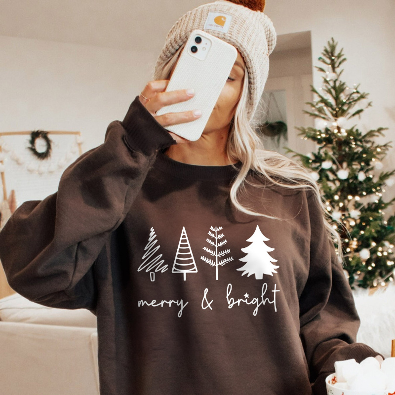 

Women's Christmas Sweatshirt, Merry & Print, Cozy Knit Long Sleeve Pullover, Casual Round Neck, Polyester, Autumn/ Top