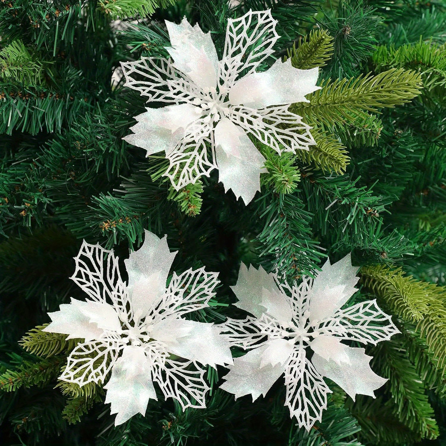 

12-pack White Poinsettia Artificial Flowers For Christmas Tree Decoration, Plastic Holiday Ornaments, No Electricity Or Battery Needed, Christmas, , Thanksgiving, Valentine's Day, Graduation