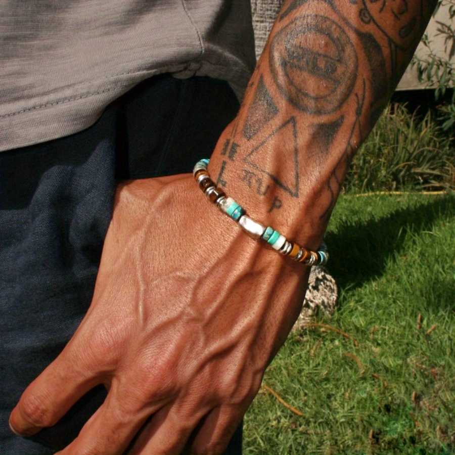 

Natural Stone Mens Turquoise Beaded Bracelet, Bohemian Style Unique Jewelry For Men