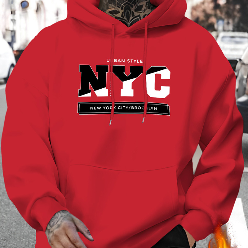 

Nyc Letter Print Men's Hoodie - Casual & Stylish Drawstring Pullover With Kangaroo Pocket, Comfortable Polyester For Fall/winter