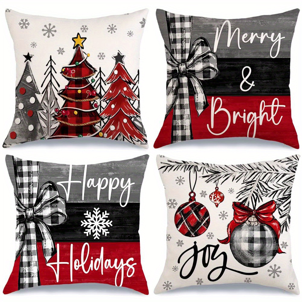 

Set Of 4 Christmas Throw Cushion Covers With Prints - 18"x18" Holiday Themed Decorative Pillowcases 100% Polyester Woven Fabric, For Room Types, Machine Washable With Hidden Zipper Closure