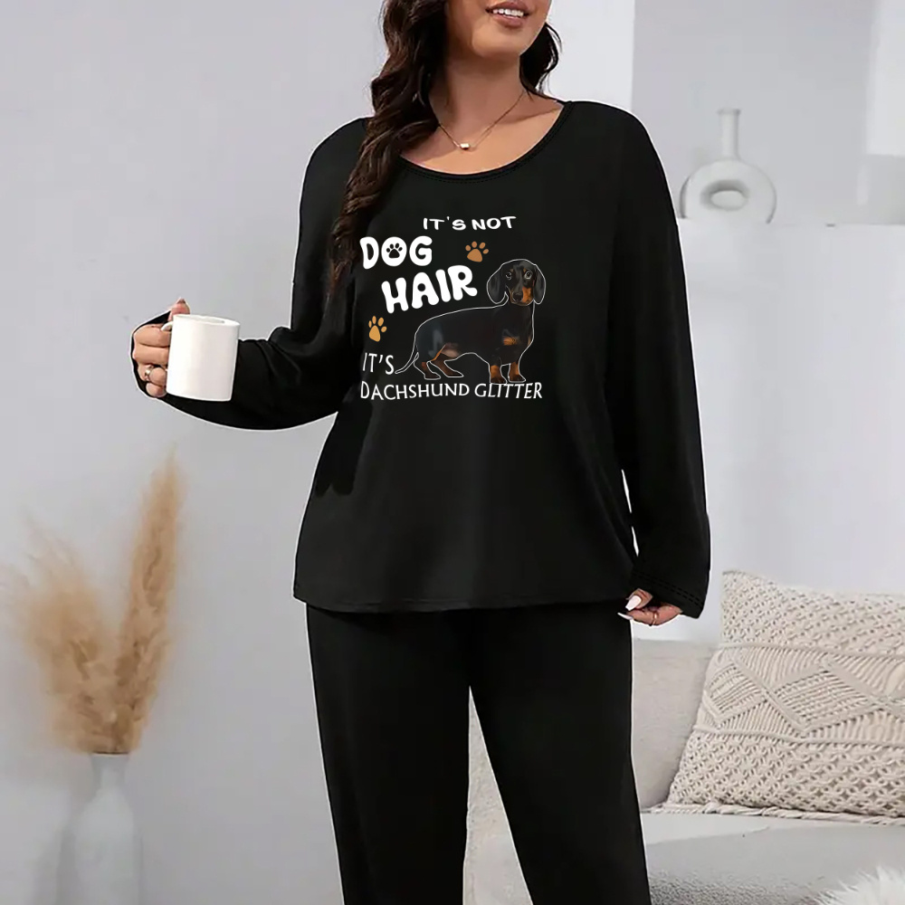 

Charm, Plus Size Women's Dachshund Paw Print Lounge Set - Cozy Long Sleeve Round Neck Top & Joggers, Stretchy Polyester , Machine Washable, Autumn