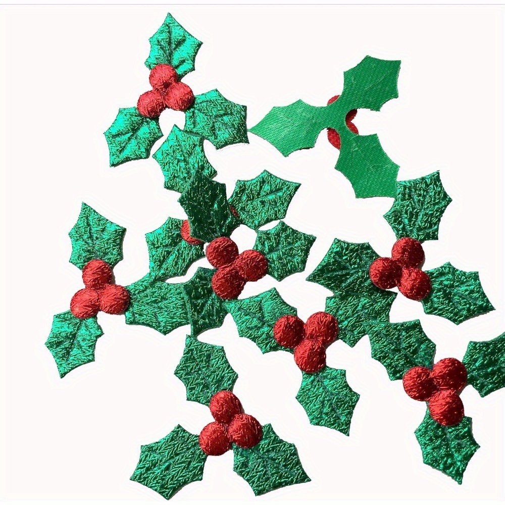 Lot De 200 Baies De Houx Artificielles Pour Décoration De Noël - Mini Feuilles Triple Avec Baies Rouges, 3,5 Cm - En Polyester Et Tissu Laser, Réutilisables