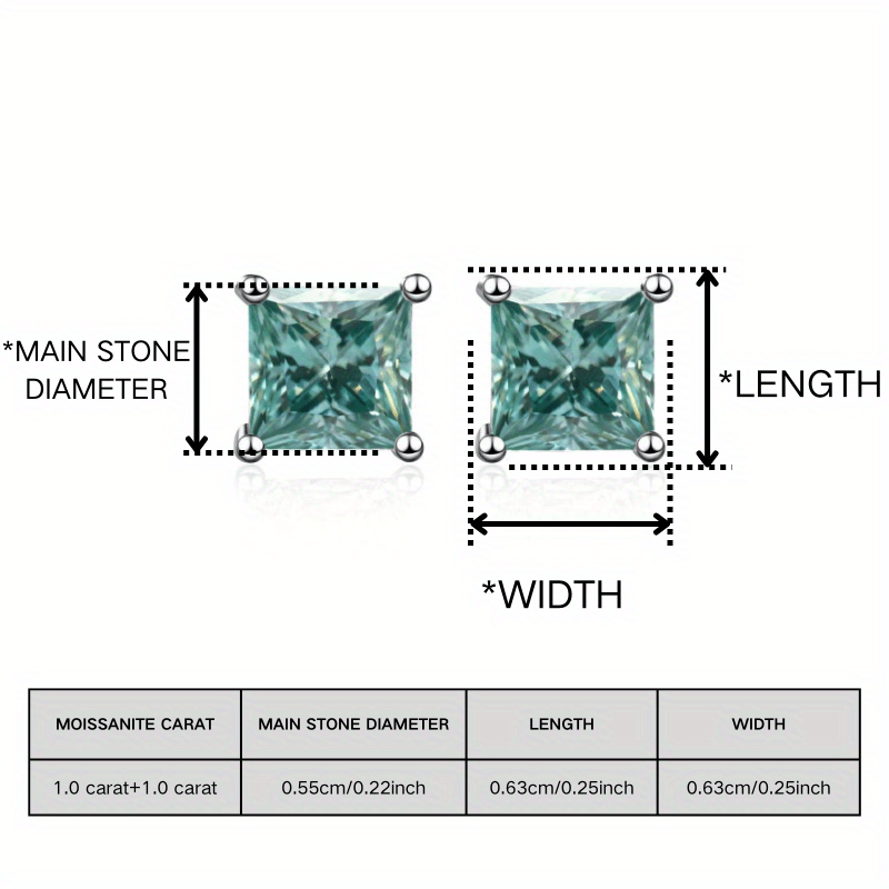 1pair 1Carat Classic 925 Silvery Blue-Green Princess Cut Moissanite Stud Earrings - Daily Wear and Ideal Anniversary or Christmas Gift for Women and Men