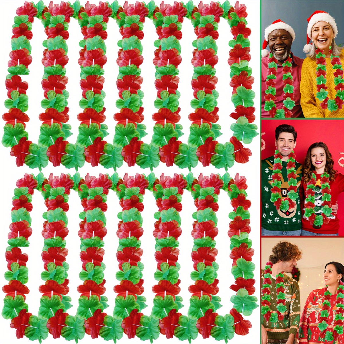 

12 Pcs Christmas Lei Necklaces - Red & Green Hawaiian Wreath Party Decorations, Non-light-up Polyester Fiber Leis For Christmas, Birthday, Carnival Celebrations - No Batteries Required