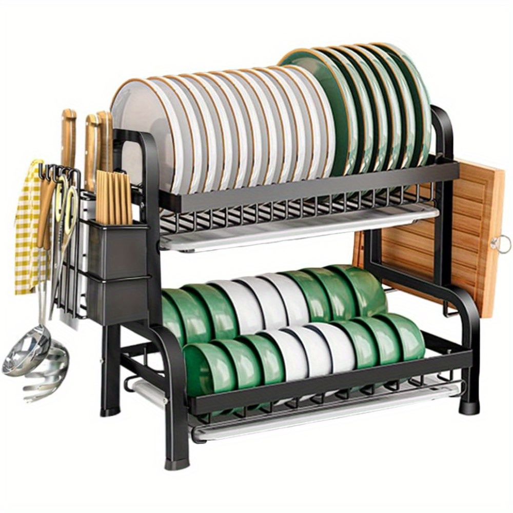 2-tier Stainless Steel Dish Rack: Large Capacity Black Drying Rack With Removable , Utensil, Knife, And Cutting Board Holder, Rust-proof Metal Kitchen Plate Drainer With