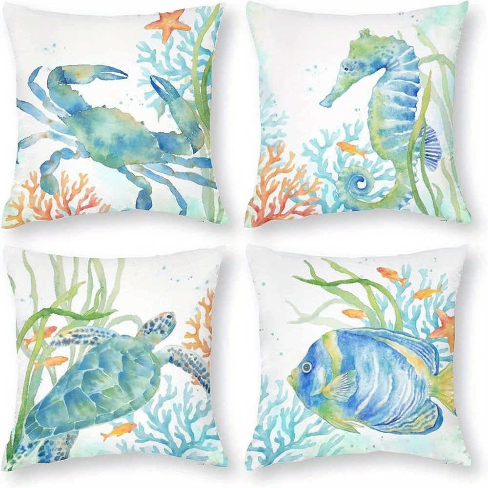 

Ocean Themed Throw Cushion Covers Set Of 4, Contemporary Coastal Decor Linen Square Zippered Cases 17.7x17.7" For Room Types, Machine Washable, Insert Not Included