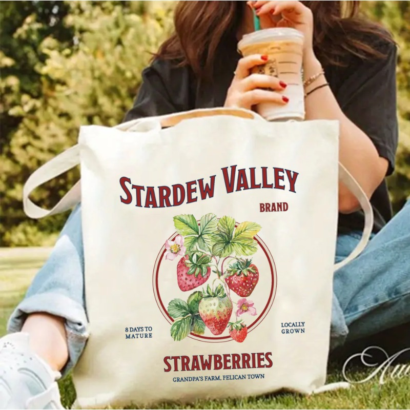 

Stardew Strawberry Print Canvas Tote Bag, Casual Women' Shoulder Bag With No-closure, Machine Washable – Grown Design From Guangzhou