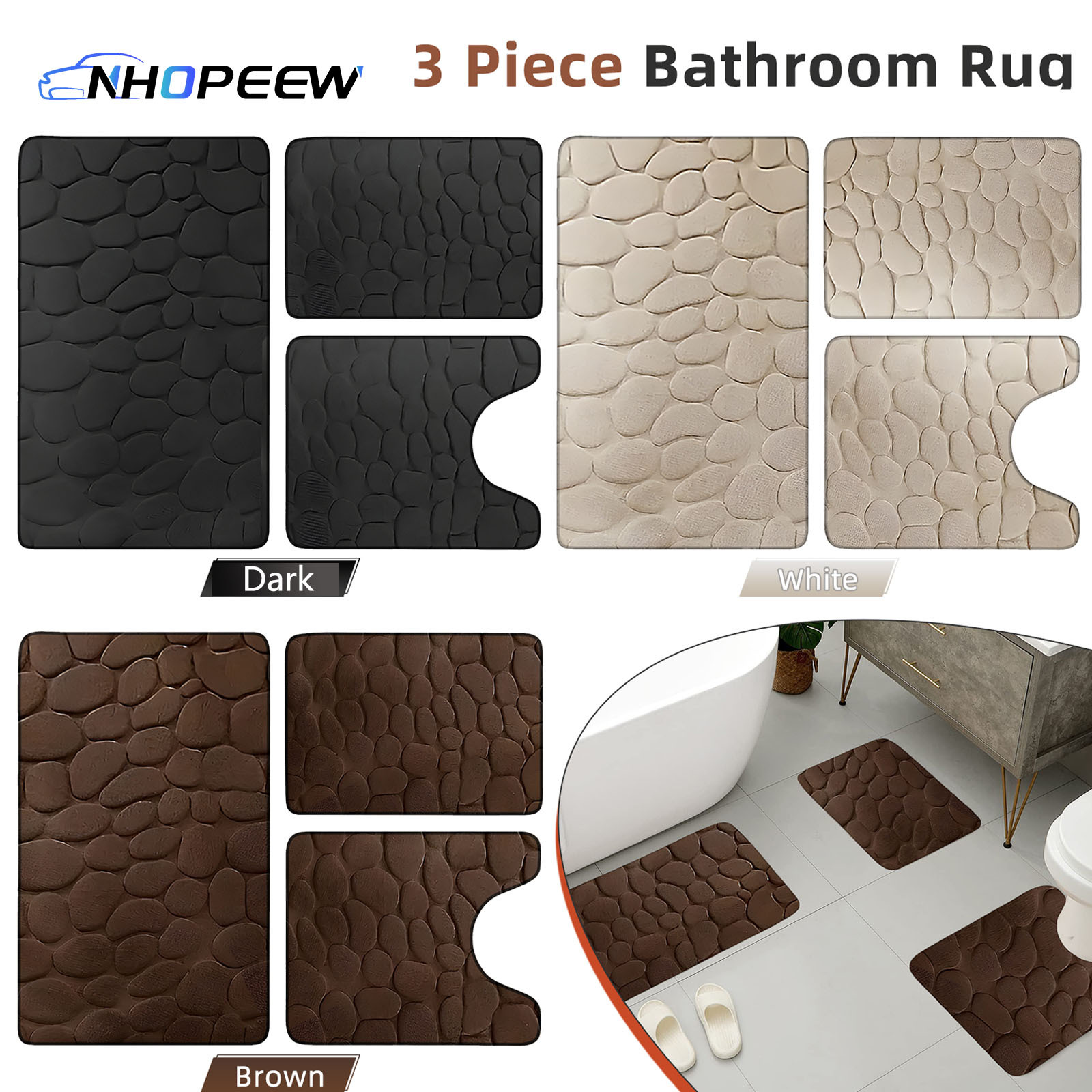 

Nhopeew Home Bathroom Prevent Slip Stone Pattern 3 Piece Bathroom Rug Washable Bath Mat Set Memory Foam Toilet Non-slip