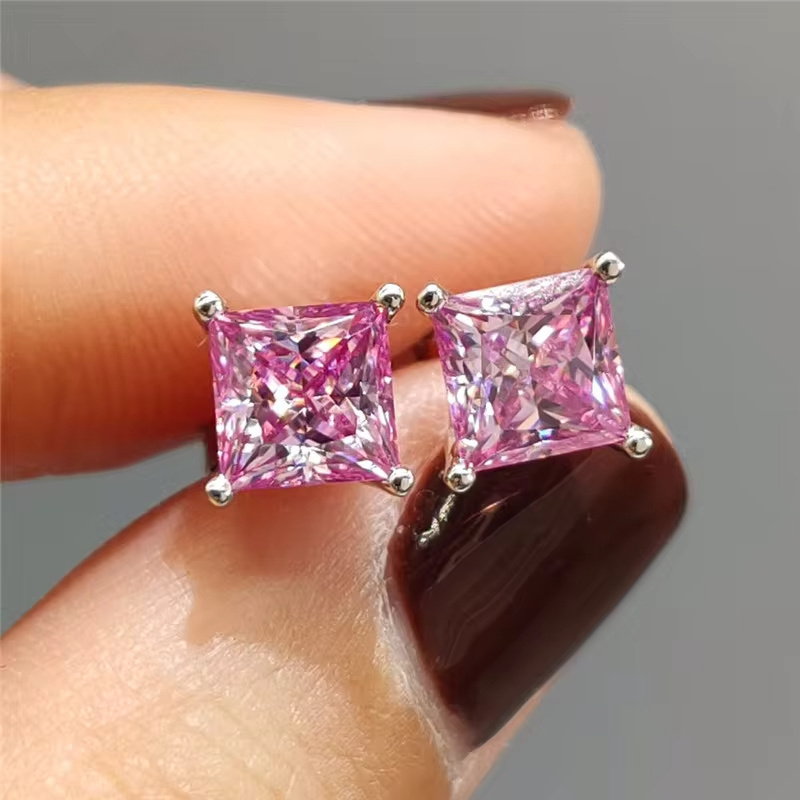 Women's Stylish Princess Cut Pink Moissanite Stud Earrings