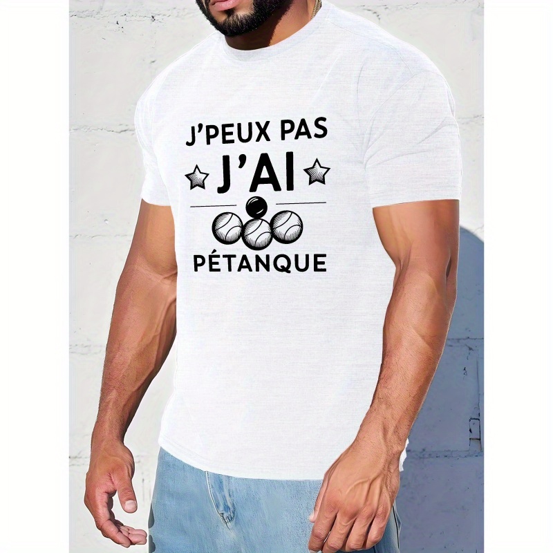 

1pc T-shirt d'été décontracté à col rond pour homme avec géométrique, tissu tricoté 100% polyester, légèrement extensible, coupe régulière - "I CAN T I have P tanque" T-shirt