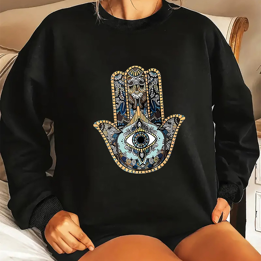 

Women's Casual Round Neck Sweatshirt, Geometric Eye Pattern, Knitted Polyester, Stretchy Fabric, Fashion Top For & Travel