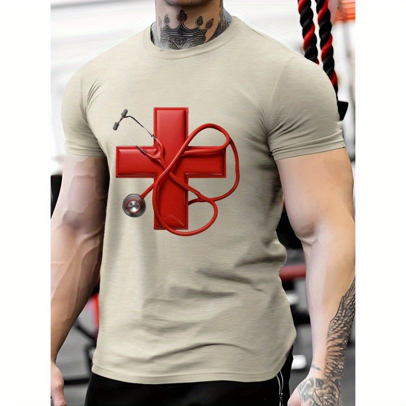 

Men's Casual Short Sleeve T-shirt With Red & Stethoscope Print - Breathable Polyester, Crew Neck, Summer Fashion