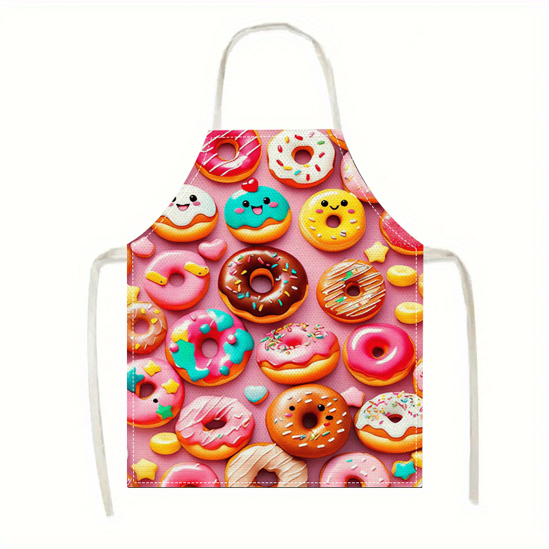 

1-pack Linen Apron With Cartoon Donuts And Cakes Print, 100% Linen Woven Kitchen Apron, Sleeveless, Dirt-resistant, Baking Accessory For