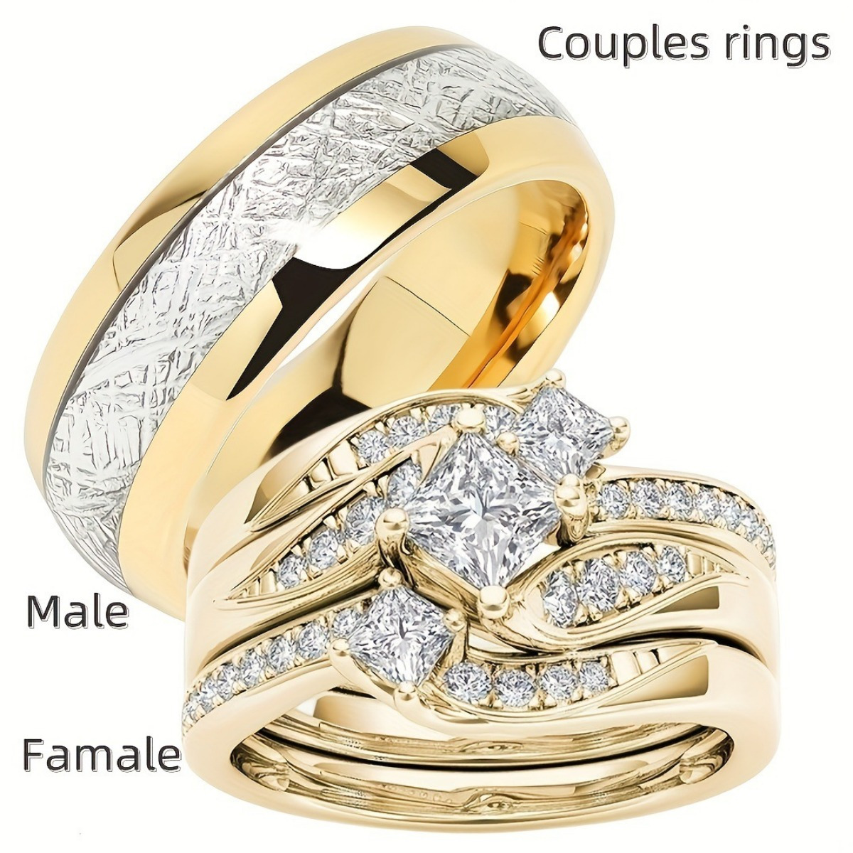 TEMU 4pcs 3pcs Women's Rings & 1pc Men's Ring Romantic Couple Engasynthetic Gemstoneent Wedding Band Fashionable Golden Stainless Steel Men's Ring