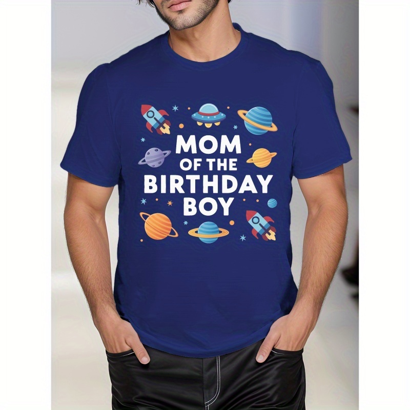 

Men's "mom Of The Birthday Boy" Print T-shirt, Casual Short Sleeve, Polyester, Geometric Pattern, Crew Neck, Summer Fashion, Regular Fit, Adult Size