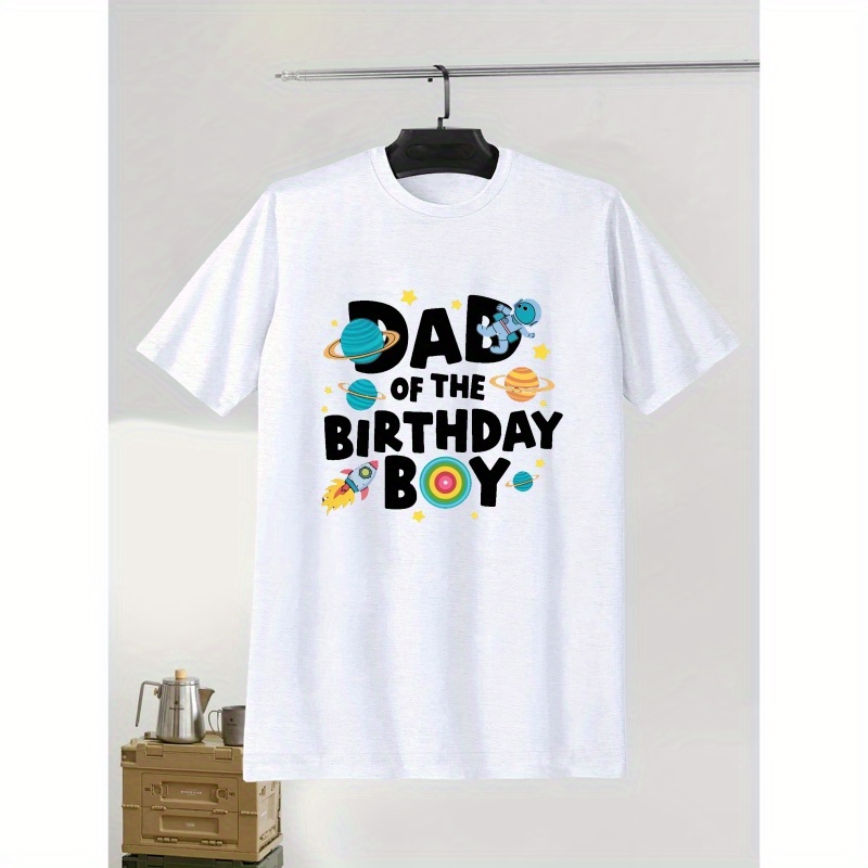 

Dad Of The Birthday Boy T-shirt - 100% Polyester Crew Neck Tee With Geometric Space-themed Print - Casual Knit Fabric With Slight Stretch - Men's