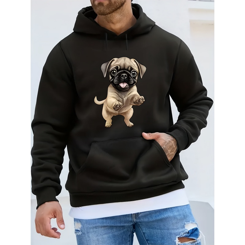 

Casual Polyester Hoodie With Pug Print - Long Sleeve Knit Hooded Sweatshirt With Stretch, Plain Alphabet Pattern, 100% Polyester , Top For Men