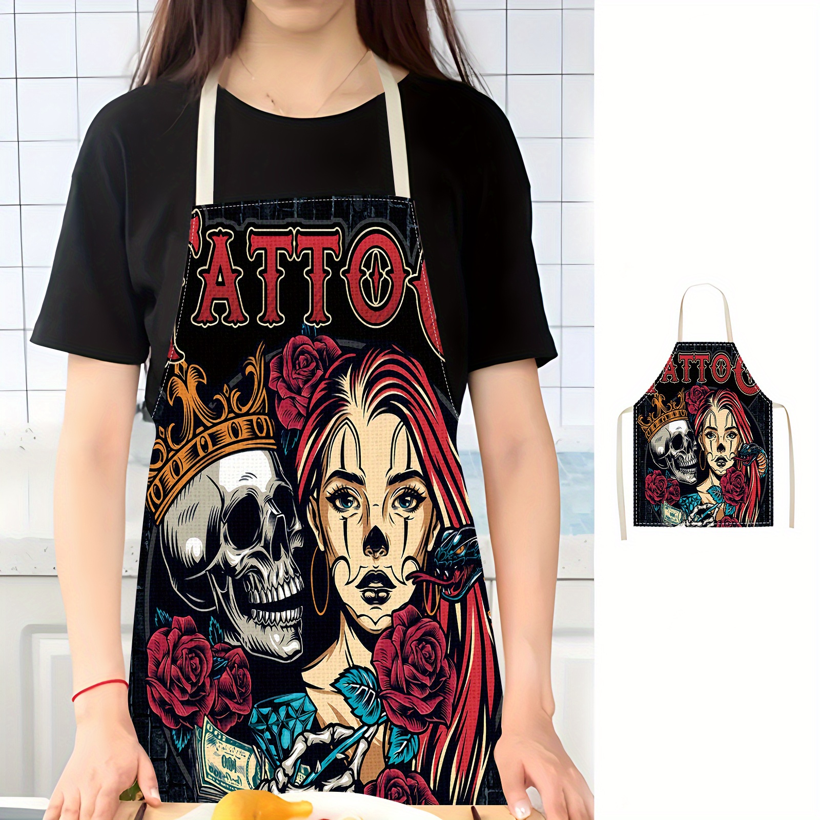 

And Roses Print Apron - 1pc, Tattoo Themed Kitchen Accessory For Cooking, Baking, Bbq, Crafting - Woven Polyester, Oil & Stain Resistant, Unisex Design For Men And Women