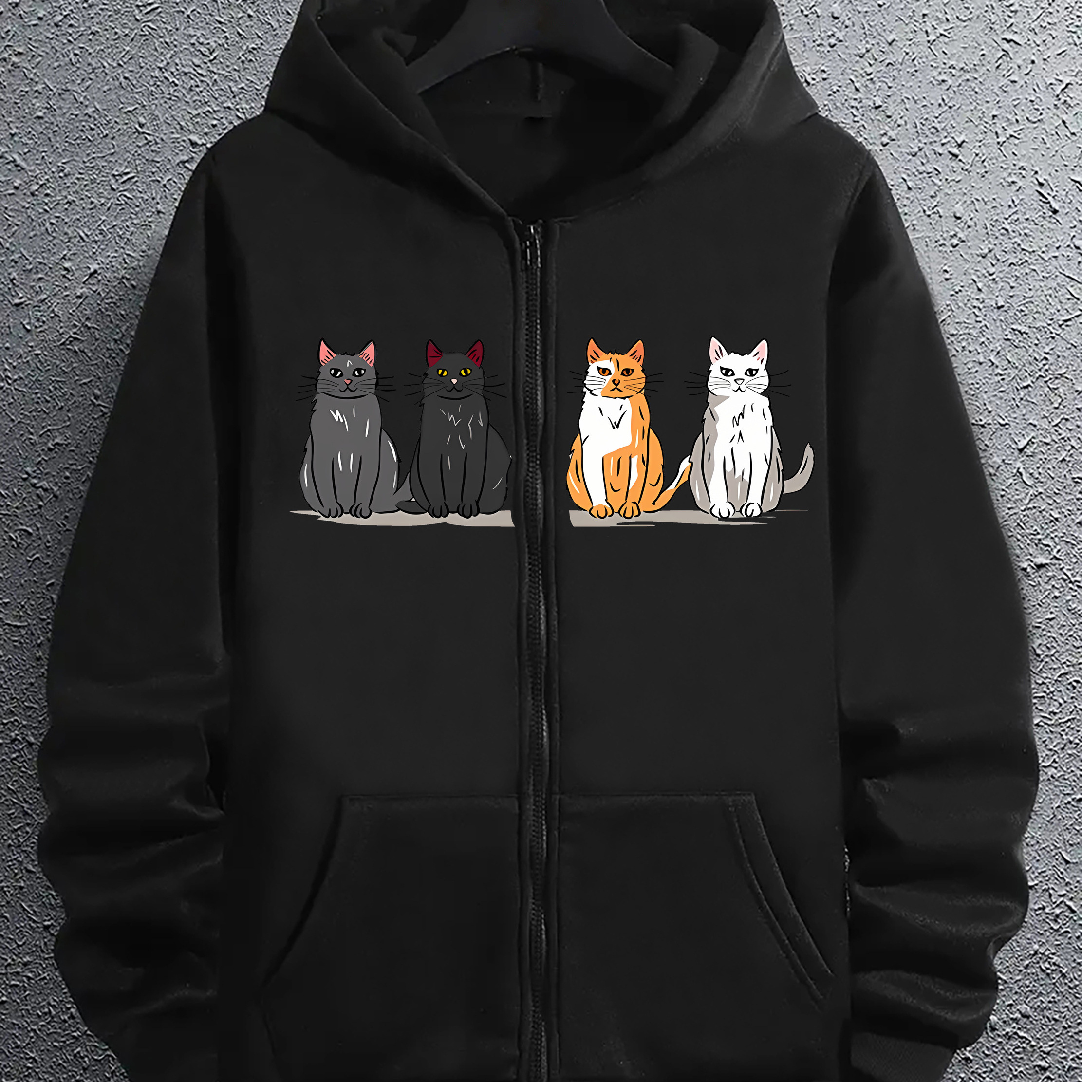 

Sweat à capuche décontracté pour homme avec de chats dessinés, tissu tricoté pour toutes les , coupe régulière en polyester avec détail zip et légère élasticité