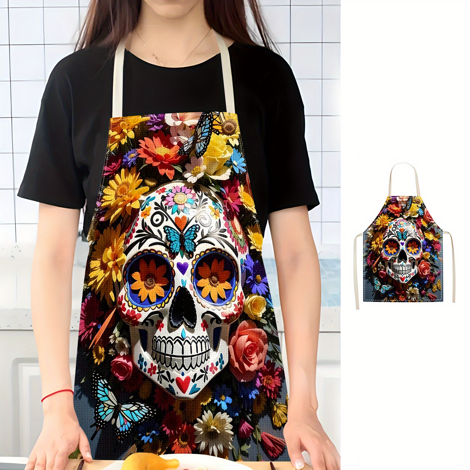 

1pc, Jit-1, Dia De Los Muertos Print, Gift, Linen Oil & Stain Resistant Kitchen Apron, , Baking, Restaurant, Coffee Shop, Barbecue, Painting, Hairdressing, Chef, Adult, , Polyester Woven Cover, For