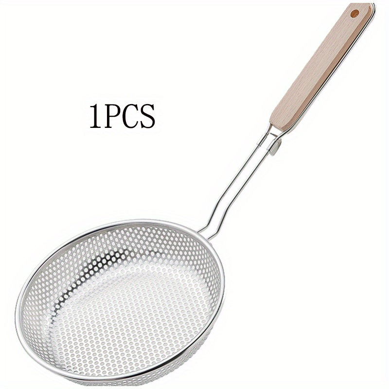 TEMU 1pc Kitchen Frying Filter Medium Size, Stainless Steel Skimmer, Fine Mesh Food Filter, Wooden Handle Kitchen Filter, Metal Filter Mesh Filter,