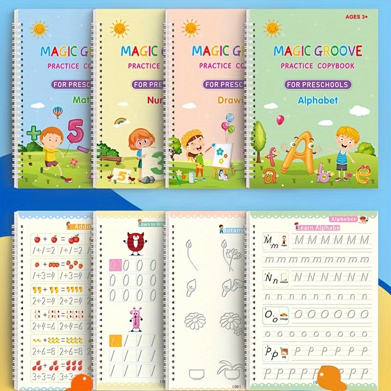 TEMU Large Reusable Handwriting Practice Book Set With Comfortable Tracing, Word Recognition, Grooved Workbooks 4 Books + 1 Pen + 5 Refills + 1 Pen Holder Halloween And Christmas Gift