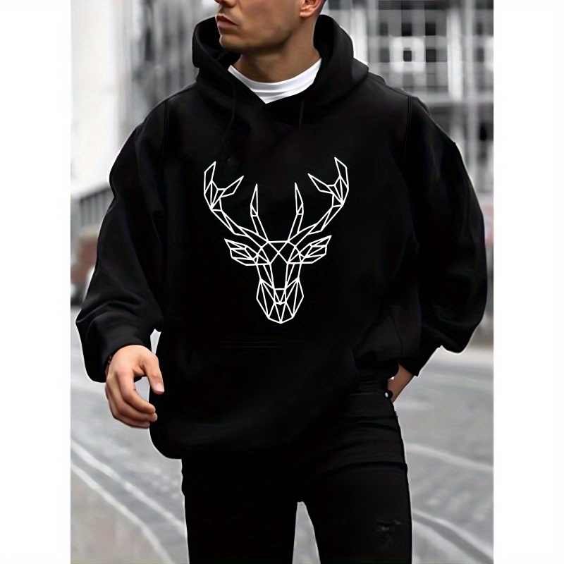 

Geometric Deer Head Print Hoodie For Men - 100% Polyester Casual Long Sleeve Knit Hooded Sweatshirt With Stretch - Pullover Top