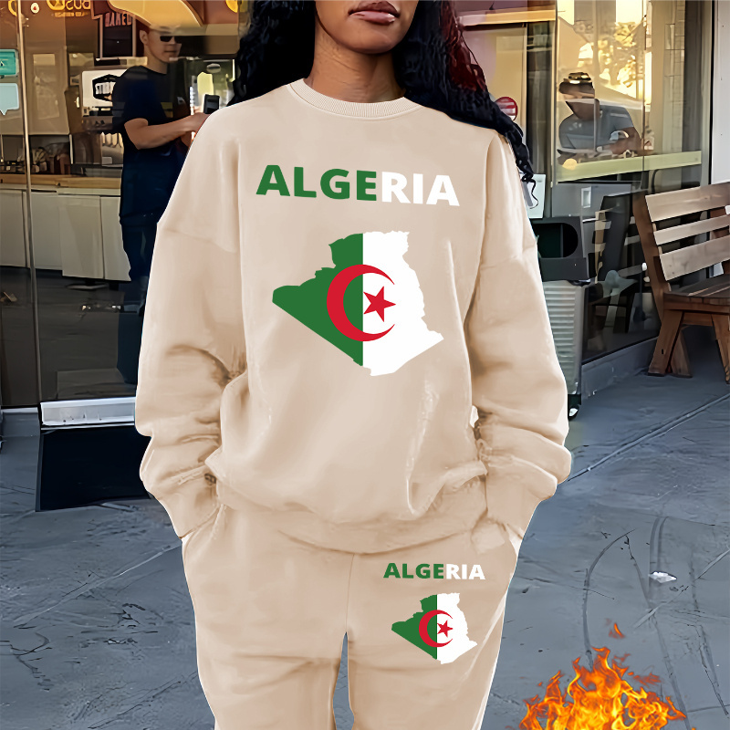 

Algeria National Day Print 2 Piece Set, Crew Neck Sweatshirt & Pants, Women's Clothing