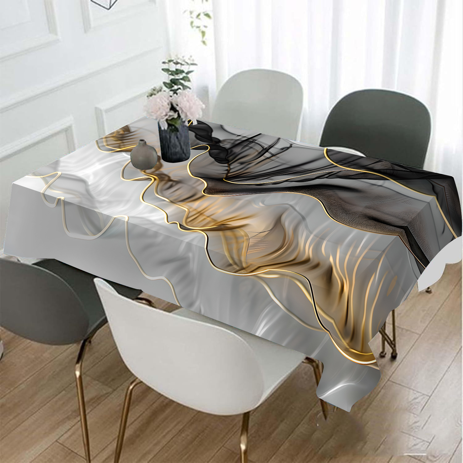 

Elegant Black & Golden Curved Design Tablecloth - Polyester, Non-woven Fabric For Dining & Coffee Tables - Rectangular Decorative Cover