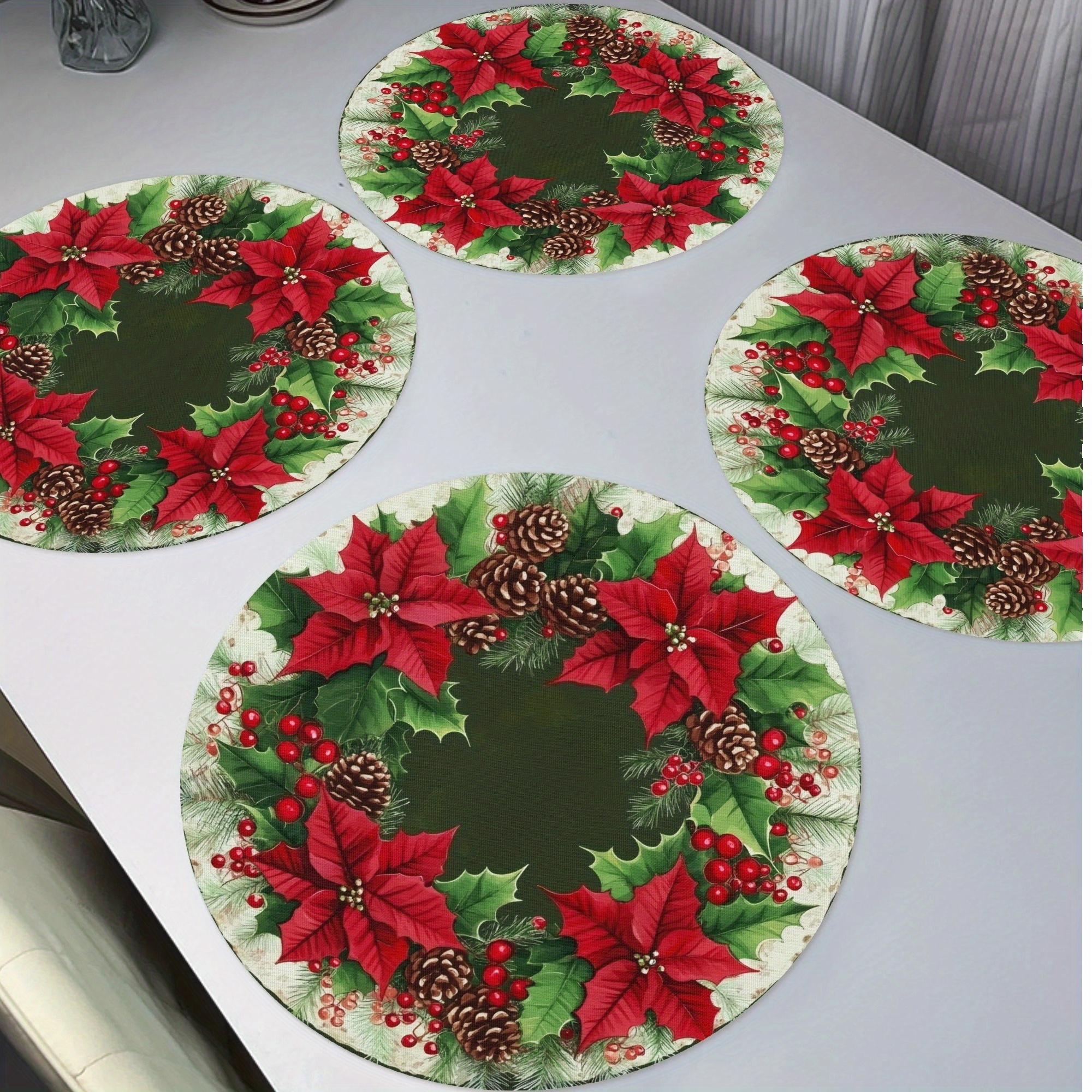 

4-pack Christmas Poinsettia And Pine Cones Polyester Round Placemats, Non-slip Knit Fabric Table Mats, Heat Resistant, Only, Decor For Dining & Party - 15