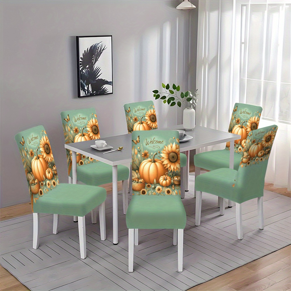 

2/4/6pcs Pumpkin Print Chair Covers, Stretchable Polyester Chair Slipcovers, Removable And Reusable, Washable Seat Protectors For Dining Room, Kitchen, Office, Home Decor