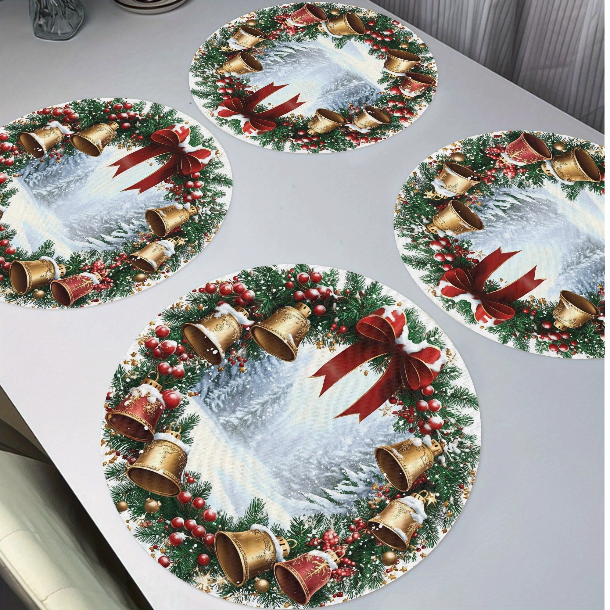 

4pcs Merry Christmas Bells Bow Wreath Round Placemats Set Of 4, Winter Christmas Trees Table Mats Place Mats 15" For Party Kitchen Dining Decoration Decor Christmas Decoration