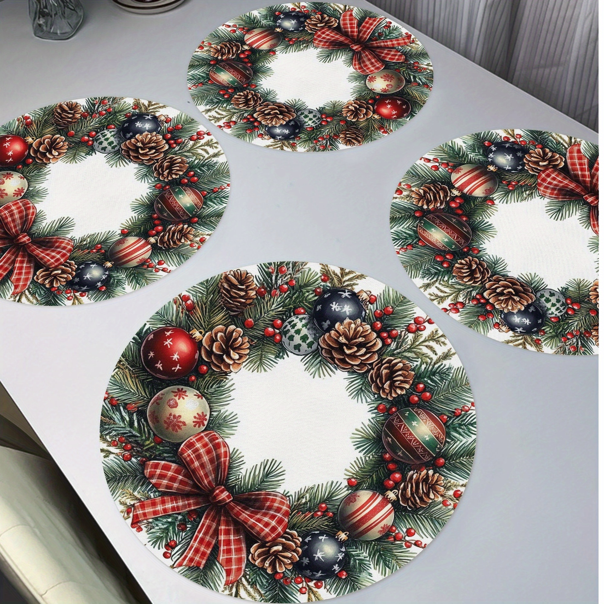 

4pcs Merry Christmas Bow Pine Cones Wreath Round Placemats, Winter Christmas Lights Seasonal Non-slip Washable Heat Resistant Table Mats Place Mats 15" For Party Kitchen Dining Christmas Decoration